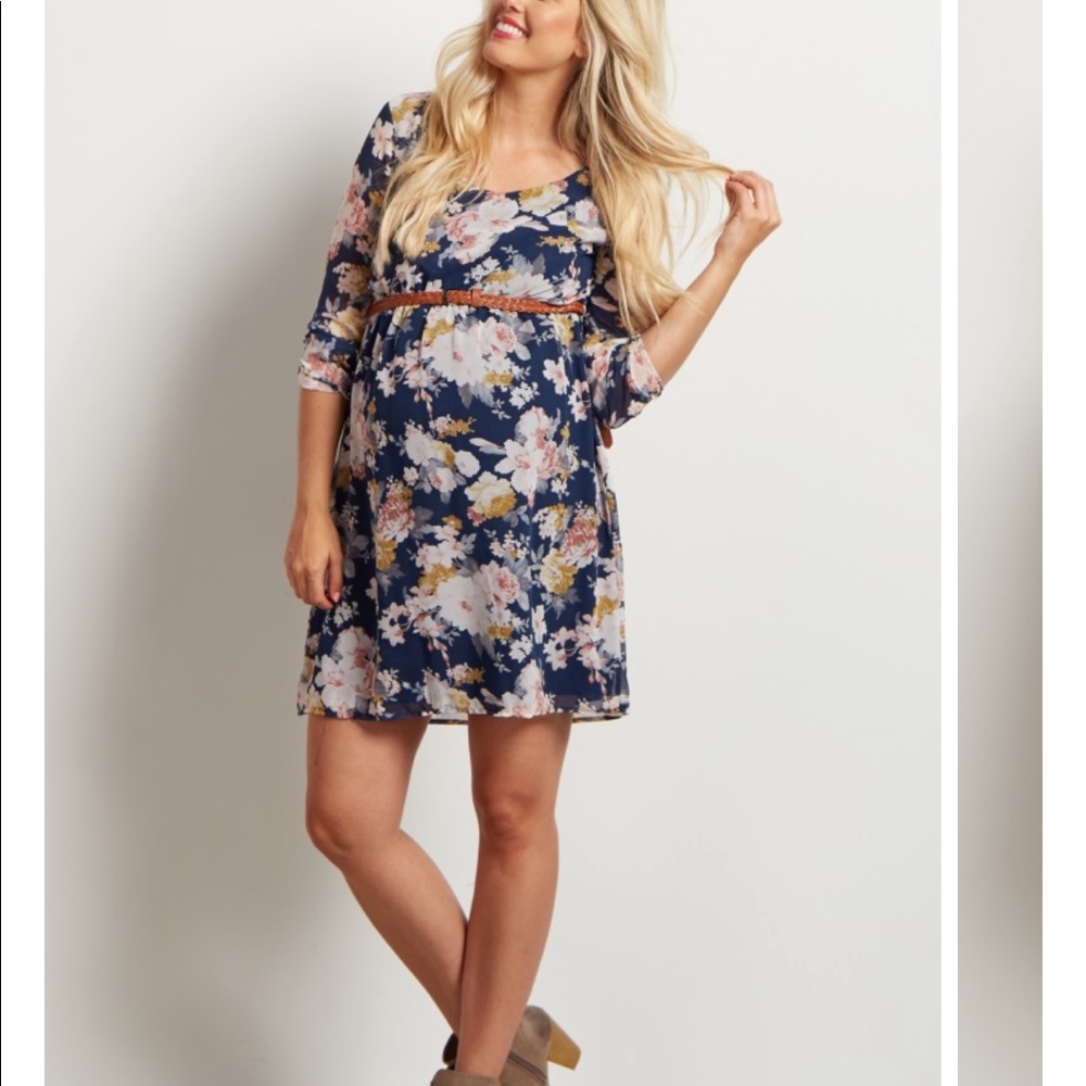 Navy Blue Floral Chiffon Belted Maternity Dress